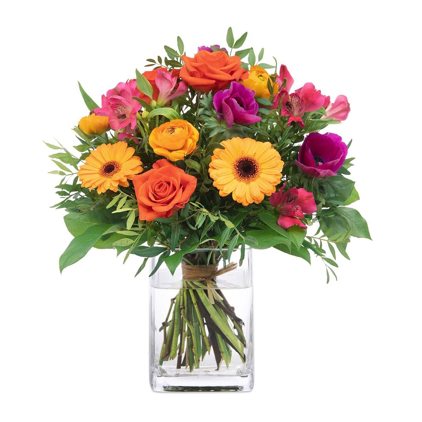 Blume, Blumen-Arrangement, Blumenstrauß, Rose, Florales Design, Blume, Blumen-Arrangement, Blumenstrauß, Rose, Florales Design, Blume, Blumen-Arrangement, Blumenstrauß, Rose, Florales Design, Blumenstrauß, Orange Rosen, Gerbera, Gladiole, klarer Vasen
