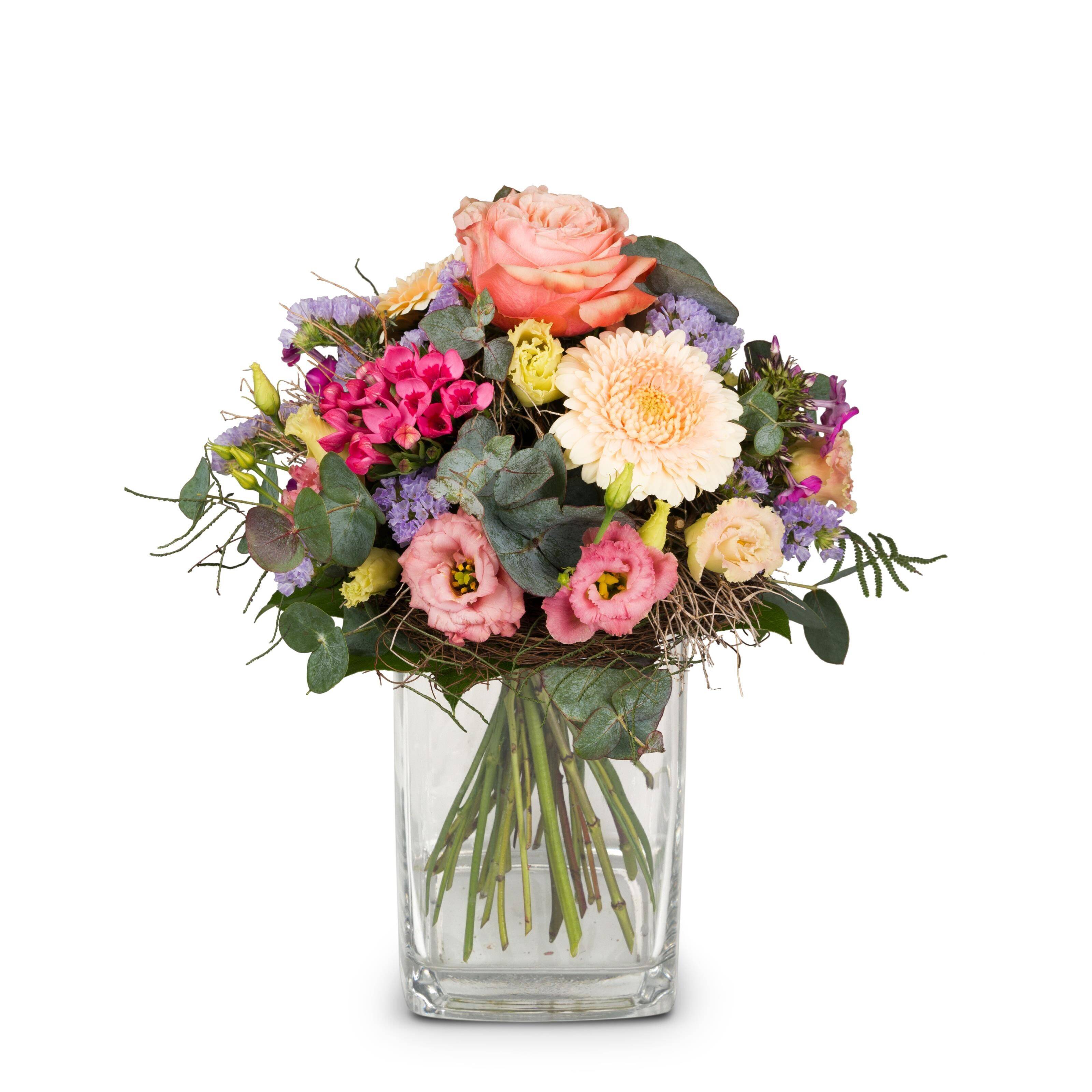 Blumenstrauß, gemischte Blumen, Glasvase, Pastellfarben, Blumenarrangement