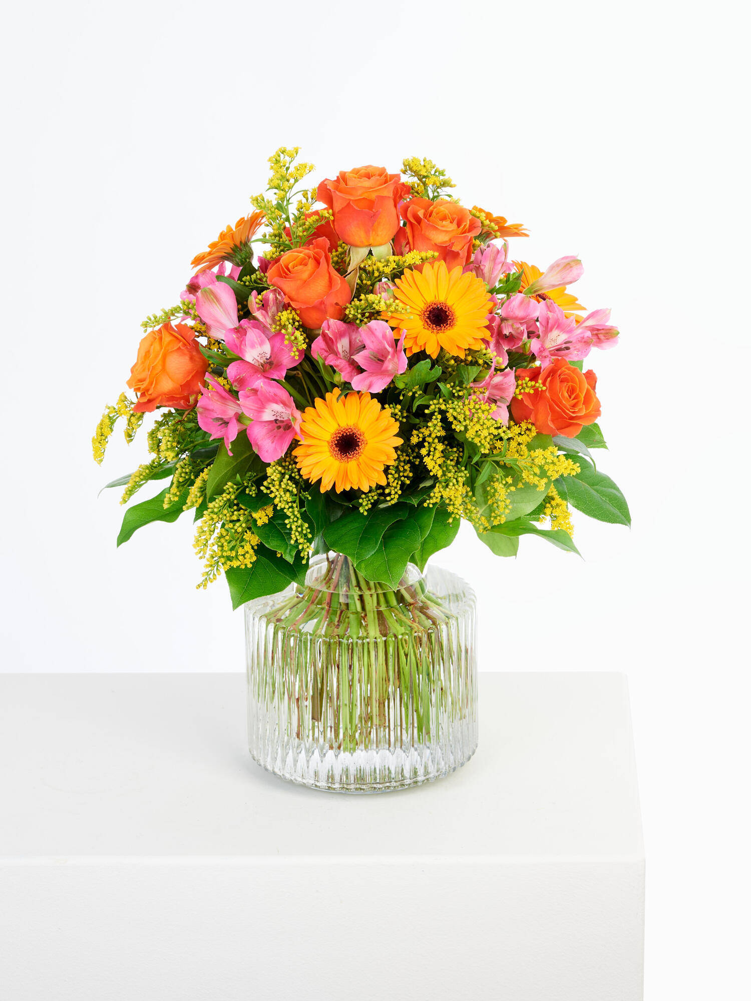 Sunny Birthday Greetings - Main Colors: ORANGE, PINK, YELLOW - Main Flowers: ALSTROEMERIA, GERBERA, ROSES