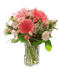 Blumenstrauß, rosa Gerbera, Rosen, grüne Blätter, Glassvase, Blumenstrauß, rosa Blumen, Glasvase, grüne Blätter, Rosen?