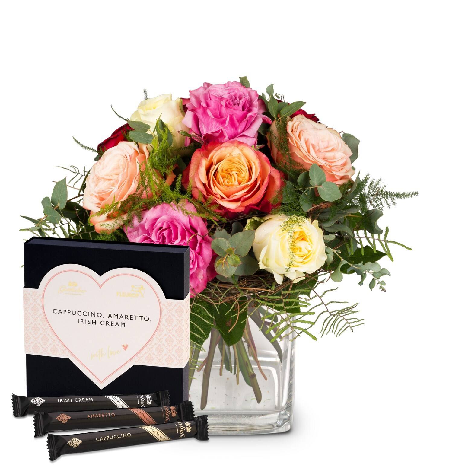 flower bouquet, roses, colorful, pink peach cream, gift box, flower bouquet, roses, mixed colors, greenery, gift box, flower bouquet, roses, mixed colors, greenery, gift box