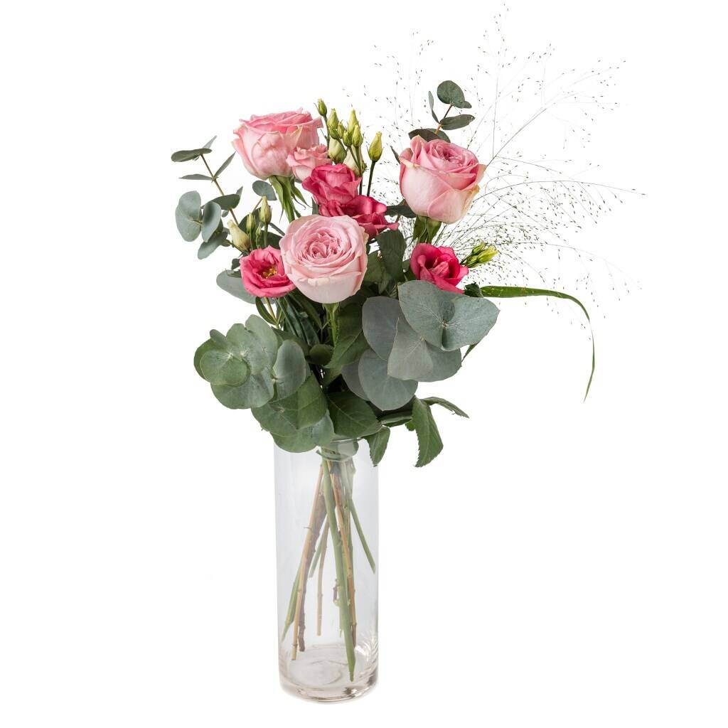 blumen, Blumenstrauß, Rosen, Rosa, Eukalyptus, Blumenstrauß, rosa Rosen, grünes Laub, Glasvase, Botanische Anordnung, Blumenarrangement, rosa Rosen, grünes Laubwerk, Glasvase, Bouquet, Blumenstrauß, rosa Rosen, Glasvasen, Grünzeug, Eukalyptus