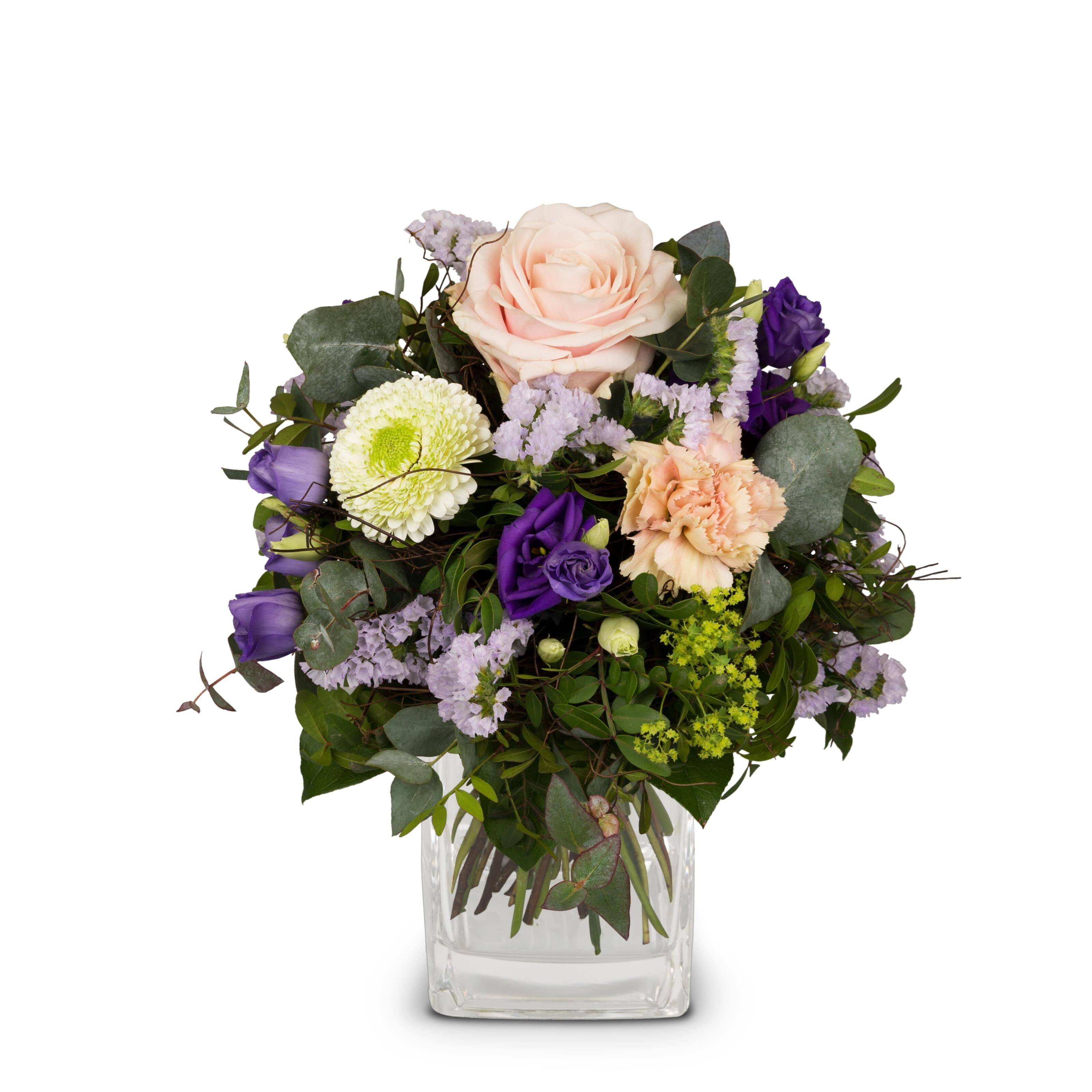 Blumenstrauß, Rosen, Lila Akzente, Grünes, Glasvase, Blumenstrauß, Blumen, Rose, Lila, Grün