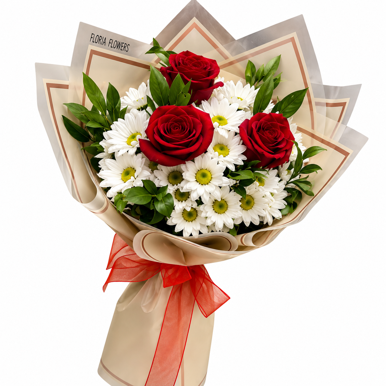 Blumenstrauß, Rote Rosen, Gänseblümchen, Blumenarrangement, Schleife/Verband, blumenstrauß, rosen, nelken?, gänseblümchen, verpackung