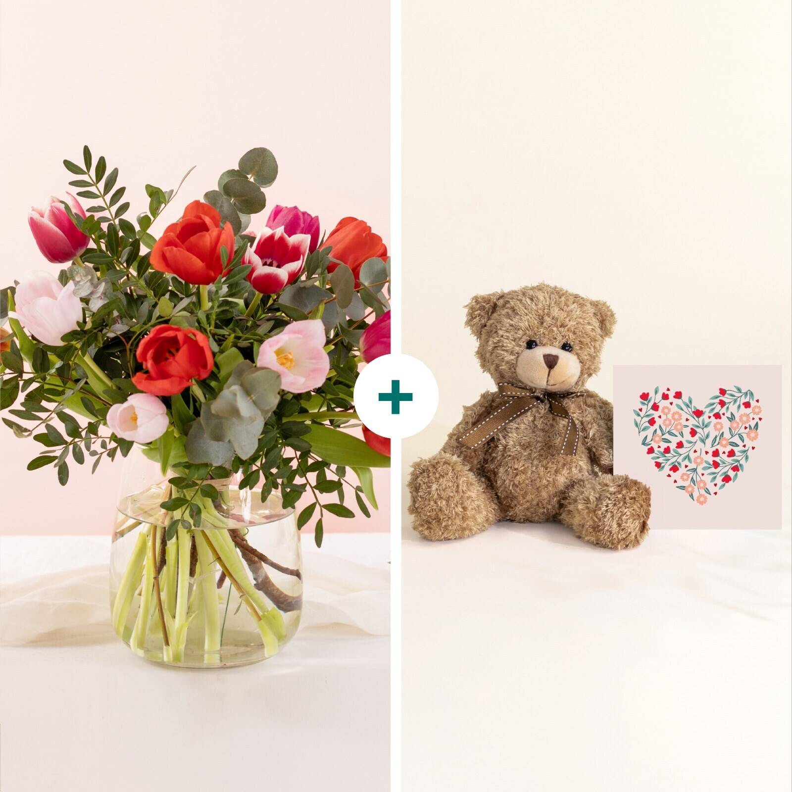 flowers, bouquet, glass vase, tulips, greenery, flowers, bouquet, tulips, glass vase, greenery, flowers, bouquet, glass vase, pink background, teddy bear