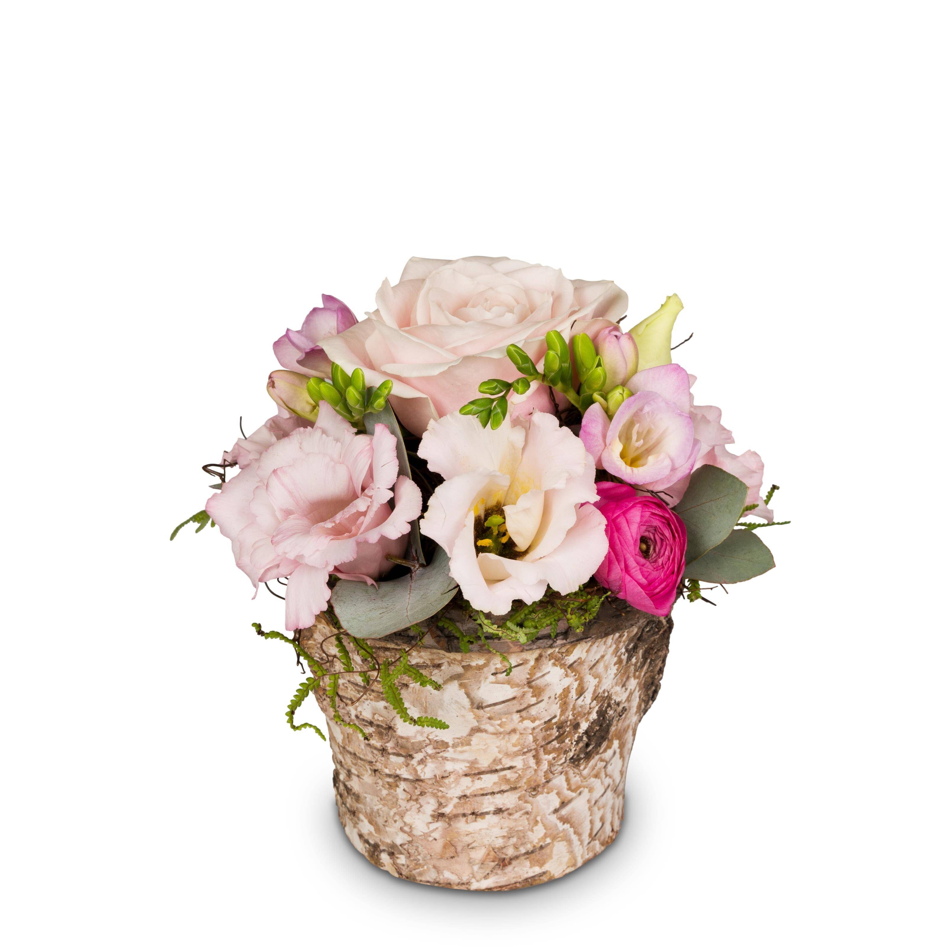 Blume, Blumen-Arrangement, Blumenstrauß, Rose, Florales Design, Blume, Blumen-Arrangement, Blumenstrauß, Rose, Florales Design, Blume, Blumen-Arrangement, Blumenstrauß, Rose, Florales Design, blumenstrauß, pinkfarbene blumen, eustoma, rosen, birkenkorb