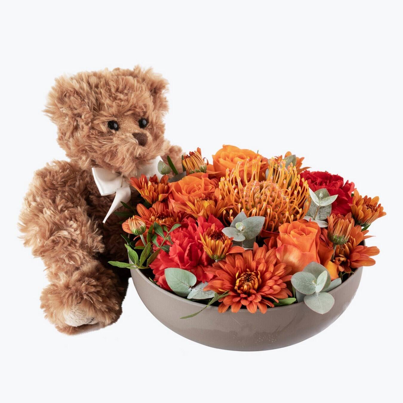 teddybär, blumenstrauß, orangefarbener strauß, stofftier, runde schale vase, Teddybär, Blumenanordnung, Orangenstrauß, Blumen-Schale, Synthetischer Teddybär, teddybär, Blumenstrauß, orangefarbene Blumen, Plushie, Geschenkarrangement