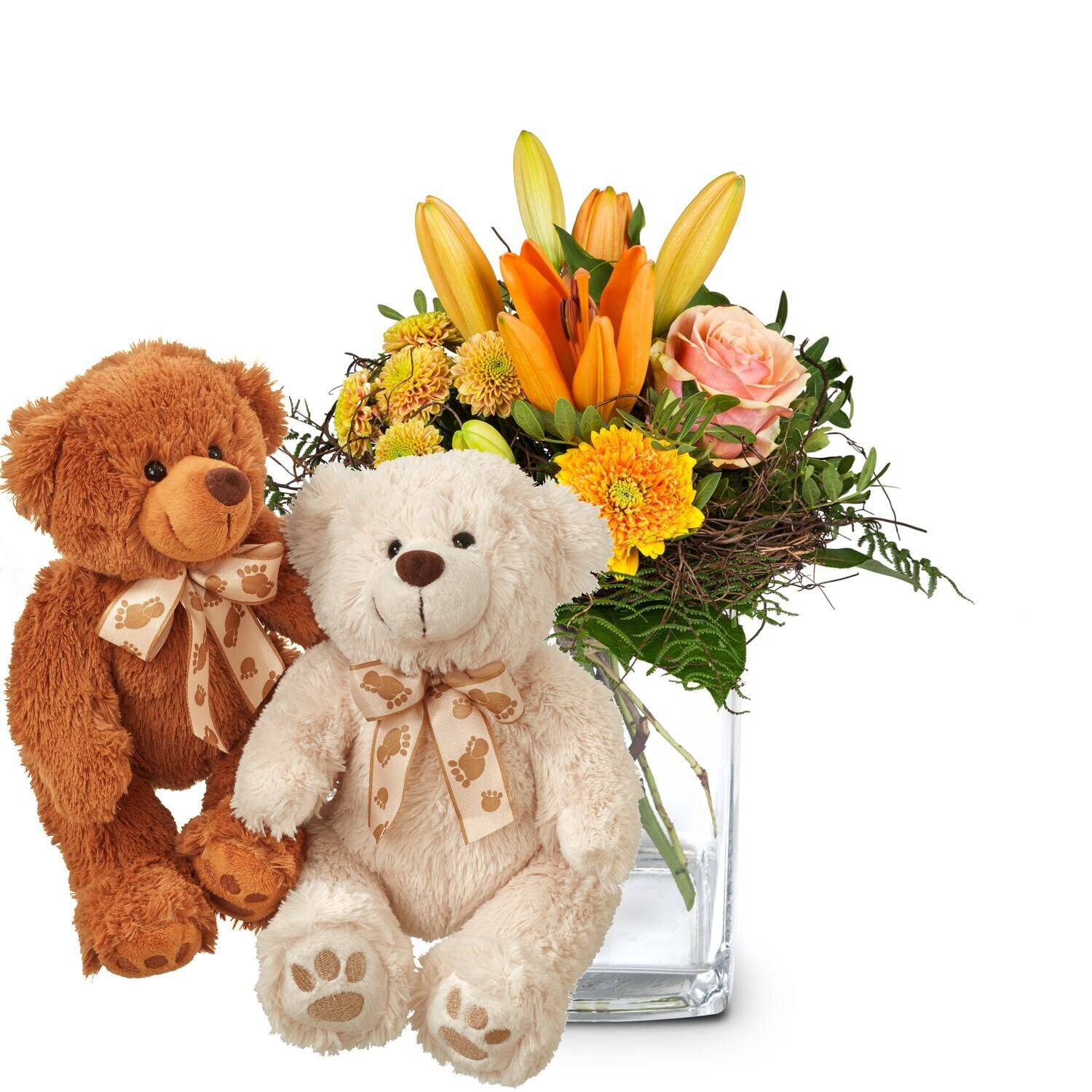 teddy bears, flower bouquet, orange lilies, roses, glass vase, teddy bears, gift bouquet, flower arrangement, roses, tulips, teddy bear, plush toy, bouquet, flower arrangement, gift set