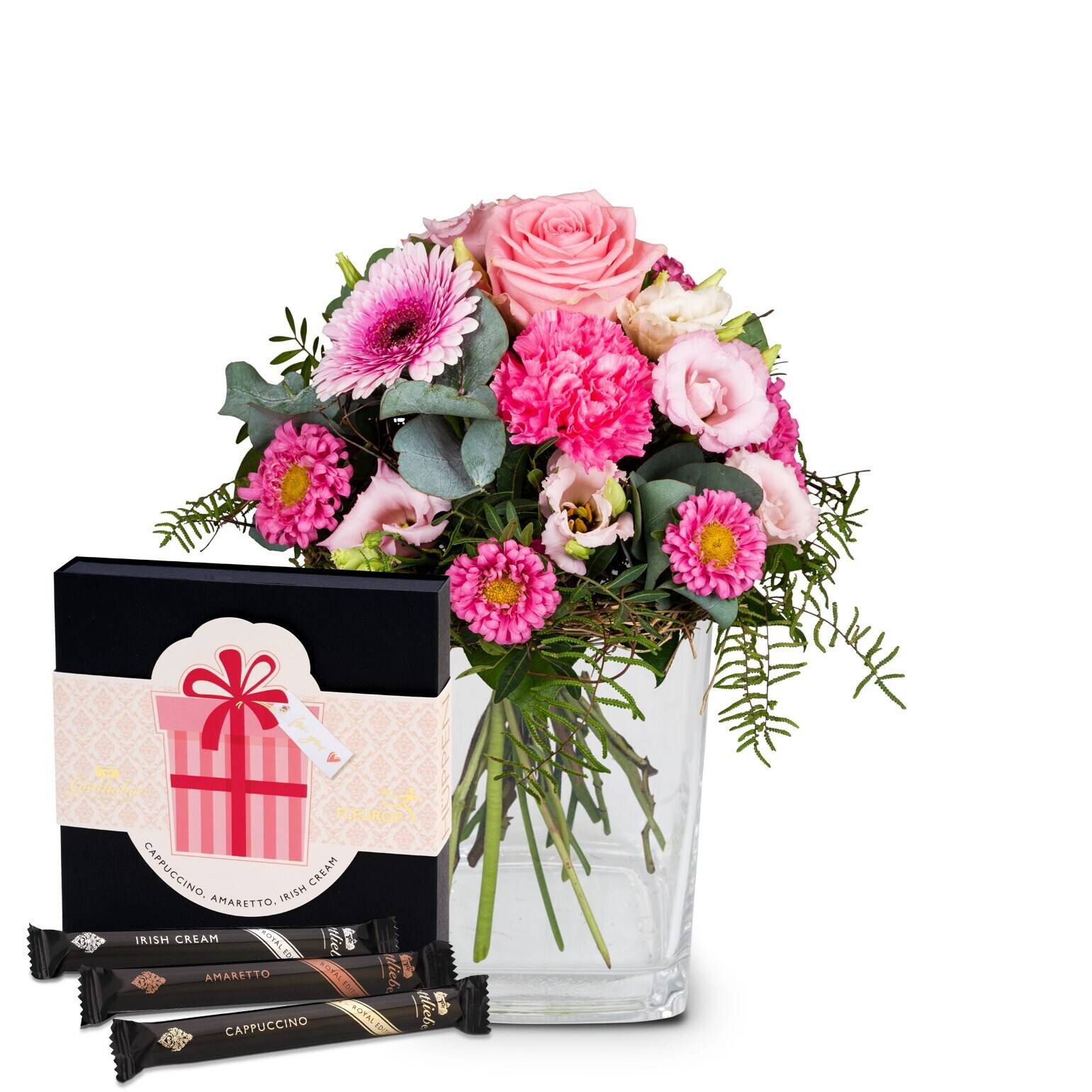 flower bouquet, pink flowers, glass vase, gift box, chocolates, flower bouquet, pink flowers, glass vase, gift box, chocolates, flowers, bouquet, pink, glass vase, chocolate treats, flowers, bouquet, pink, gladiolus?, gift box