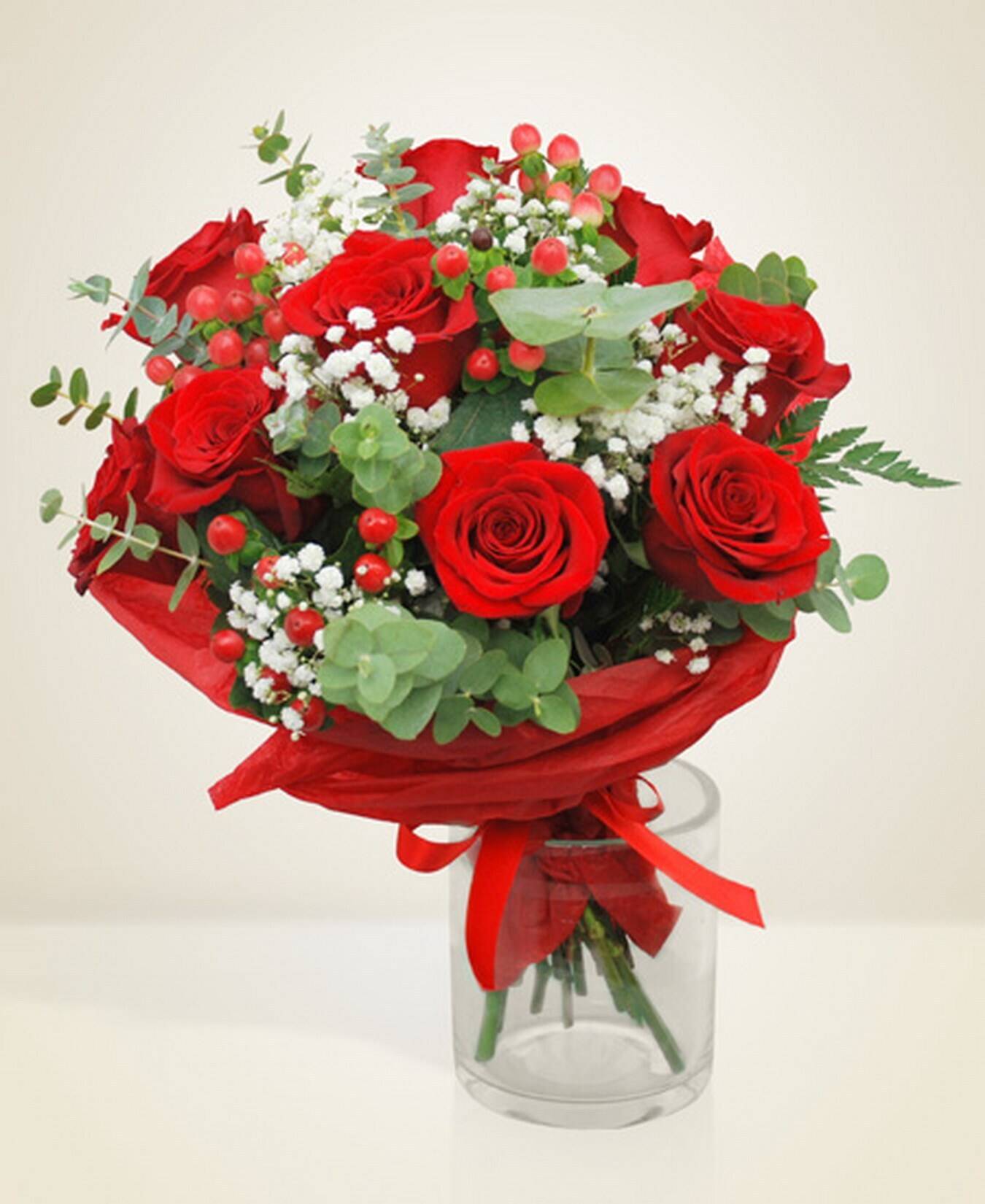 Valentinstag-Strauß, rote Rosen, Blumenarrangement, Glasvase, Grünzeug, blumen, Bouquet, rote Rosen, Glassvase, Grünzeug, rosen, blumenstrauß, rot, blumen, glasvase