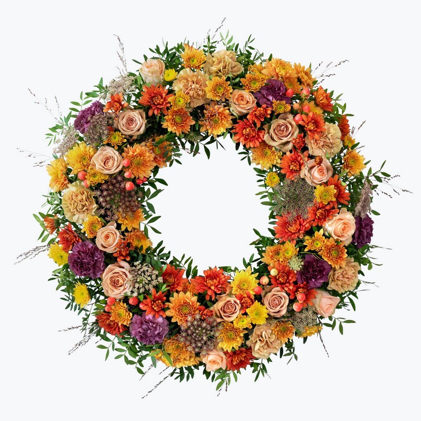 Kranz, Pflanze, Blumenkranz, Blumengesteck, orangegelbe Blüten, Rosen, bunte Grünpflanzen, Blumen Kranz, Blumenanordnung, Orangene gelbe Blumen, Rose, Grünpflanzen, Blumenkranz, Blumenarrangement, Frühlingsfarben, Rose, Dahlie