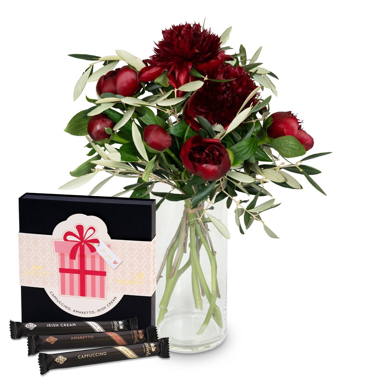 7 peonies burgundy with greenery and Gottlieber Hueppen 'For