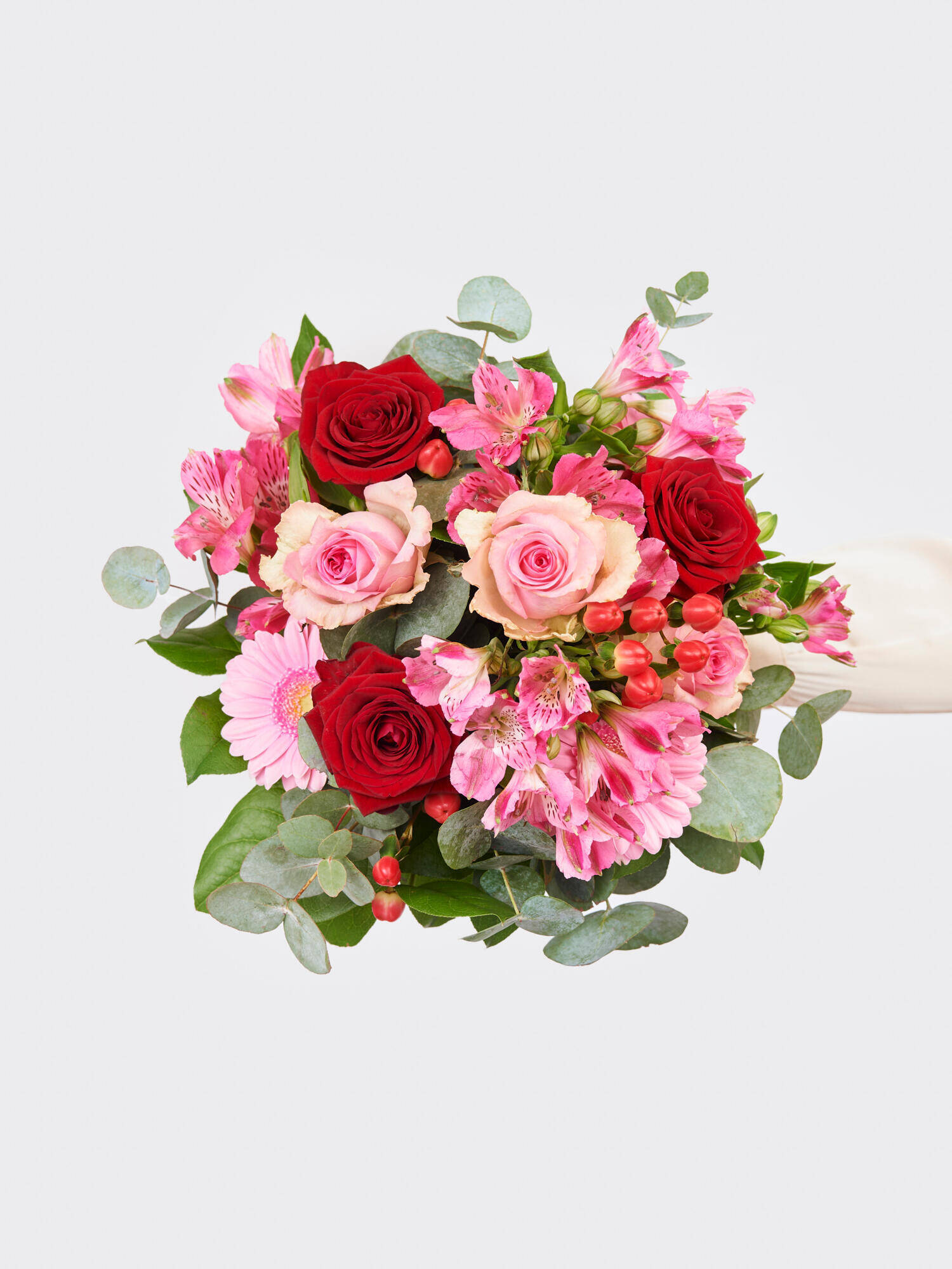 Herzliches Kompliment mit Schlumberger Sekt - Hauptblüte: Alstromerien, Germini, Rosen - Hauptfarbe: Pink, Rosa, Rot
