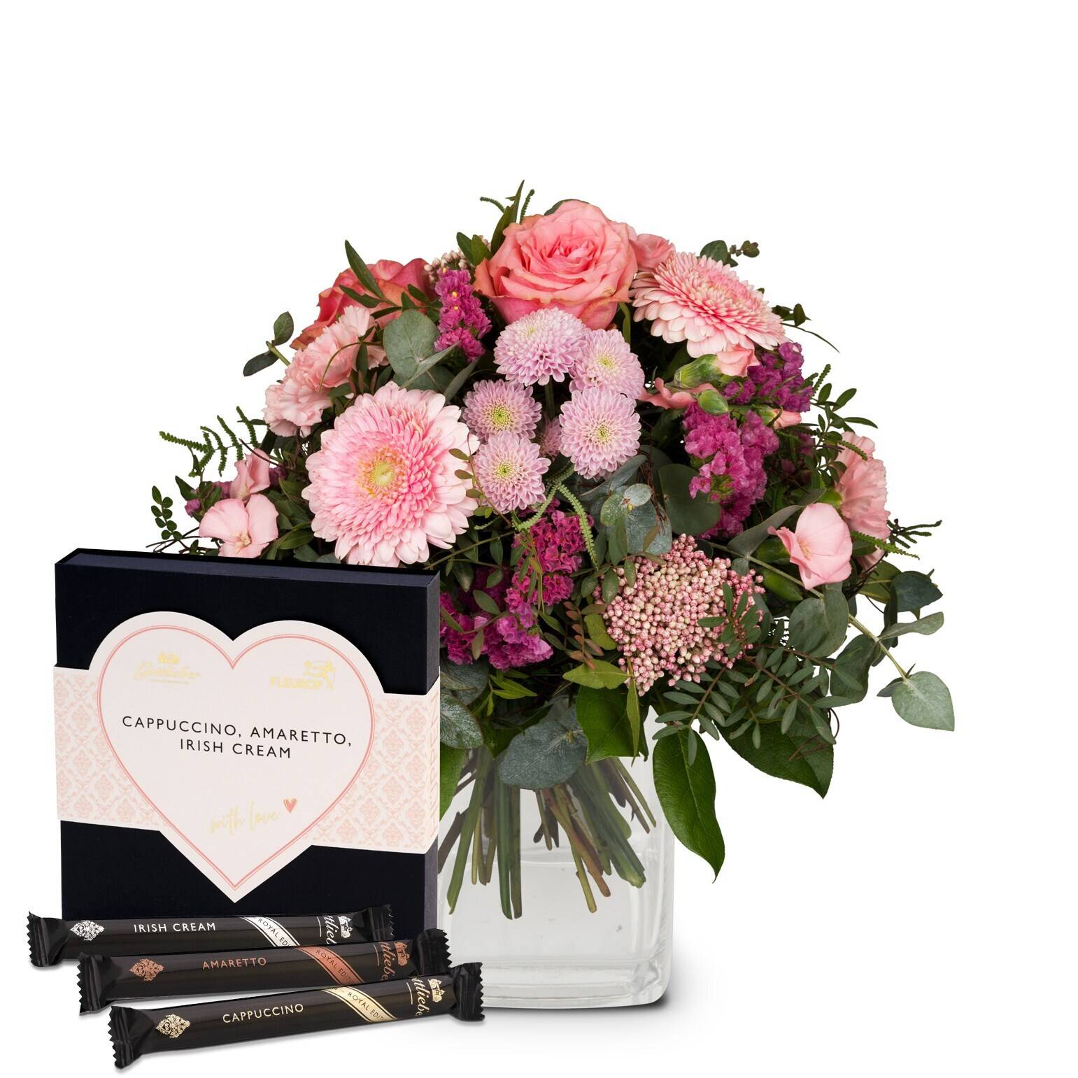blumenstrauß, rosa Blumen, Rose, Gänseblümchen?, Geschenkset, Blumenstrauß, rosa Blüten, Grünes Blattwerk, Glasvase, Geschenkverpackung