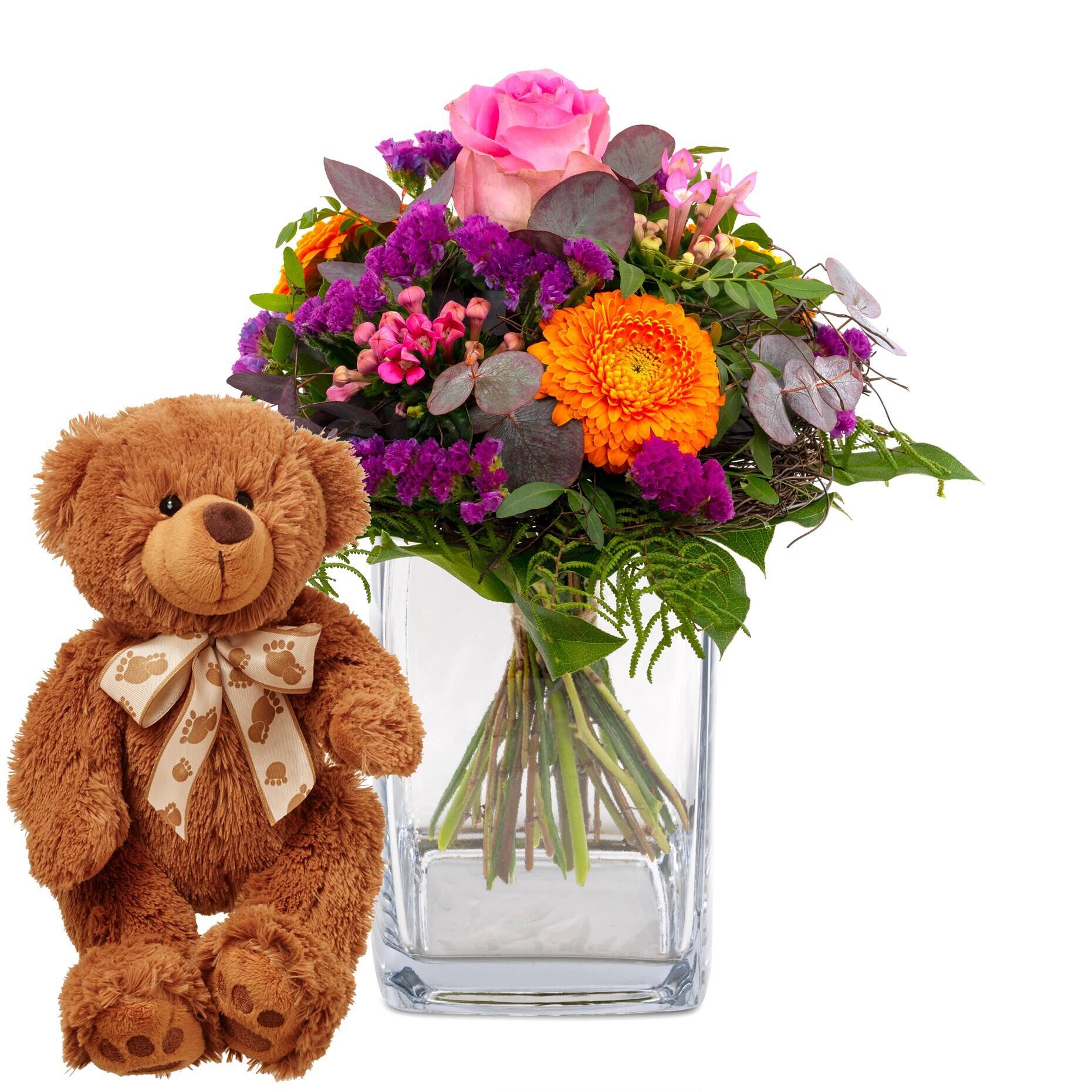Teddy Bär, Blumenstrauß, Glasvase, Oranger Gerbera, Pinke Rose, Blumenstrauß, Glasvase, Orangener Gerbera, Rosa Rose, Teddybär