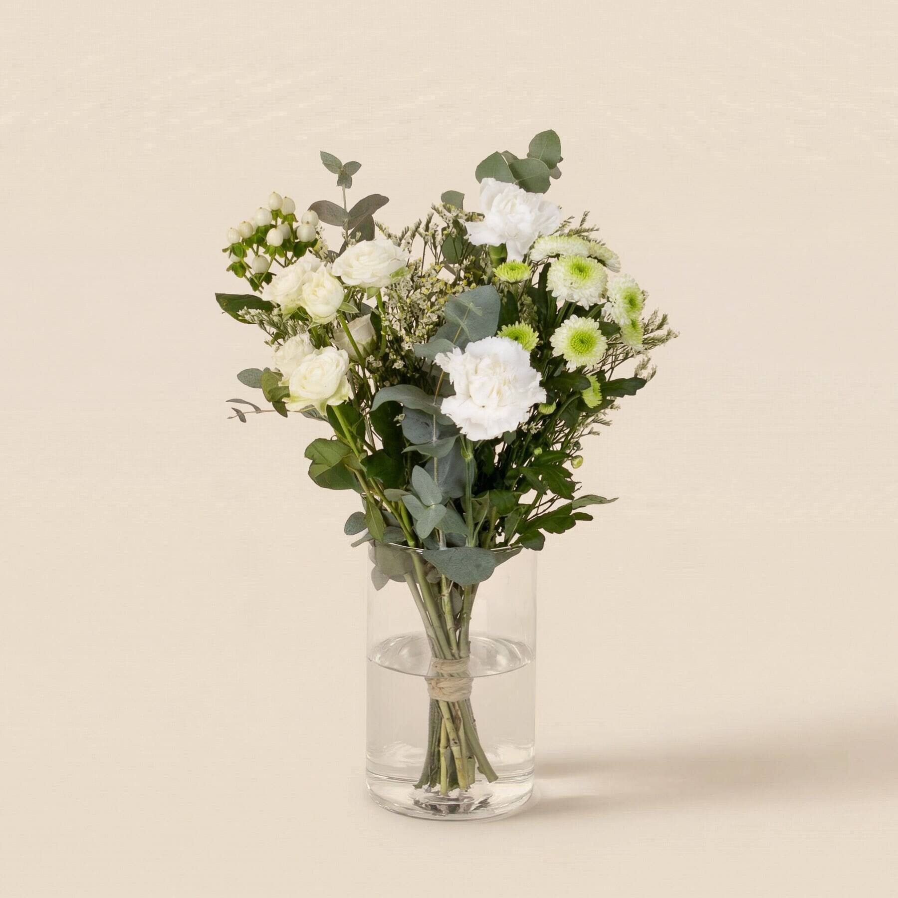 flowers, bouquet, white, green centers, glass vase, flowers, bouquet, white flowers, glass vase, greenery
