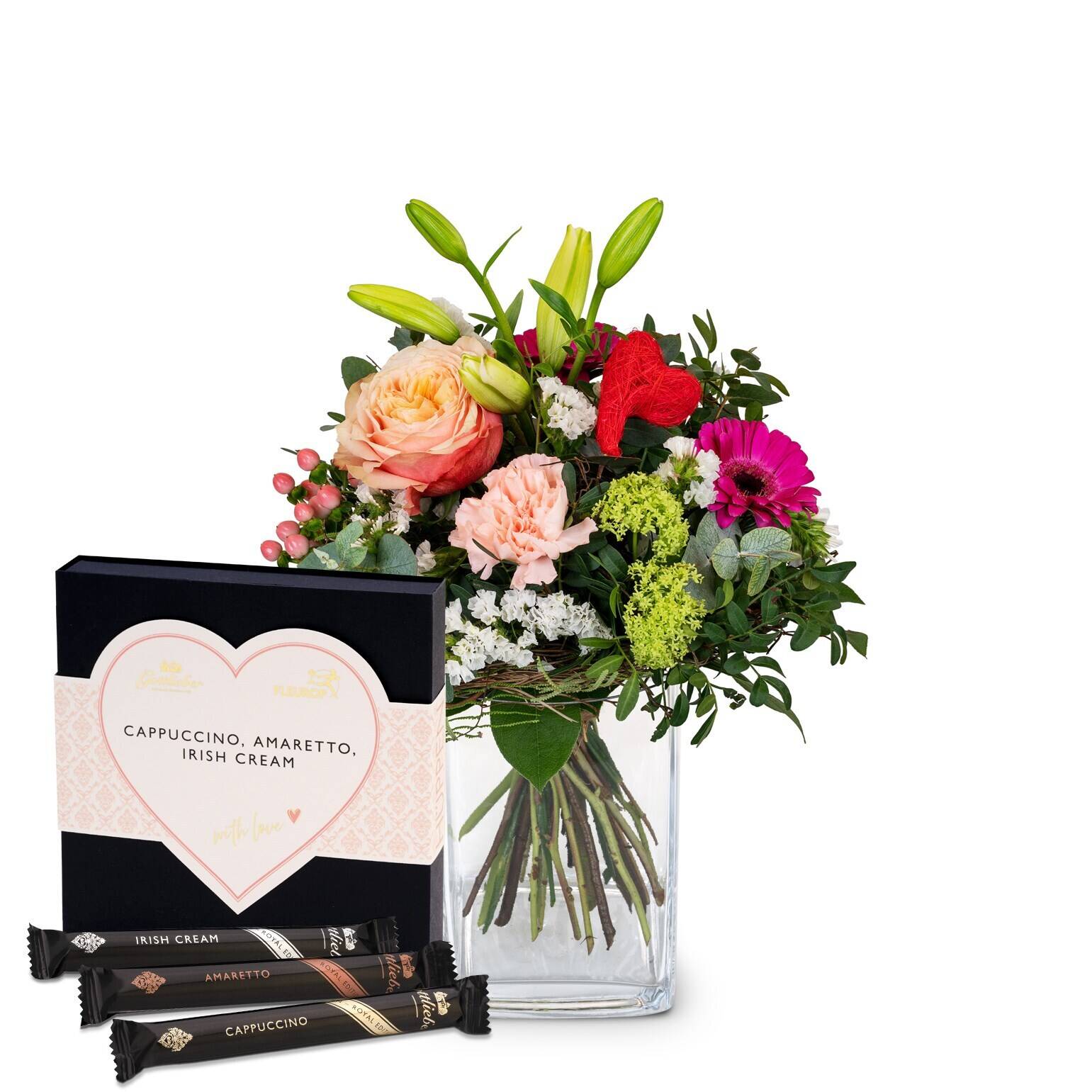 Blumenstrauß,  Rosen,  Lilien,  Grünzeug,  Pralinen