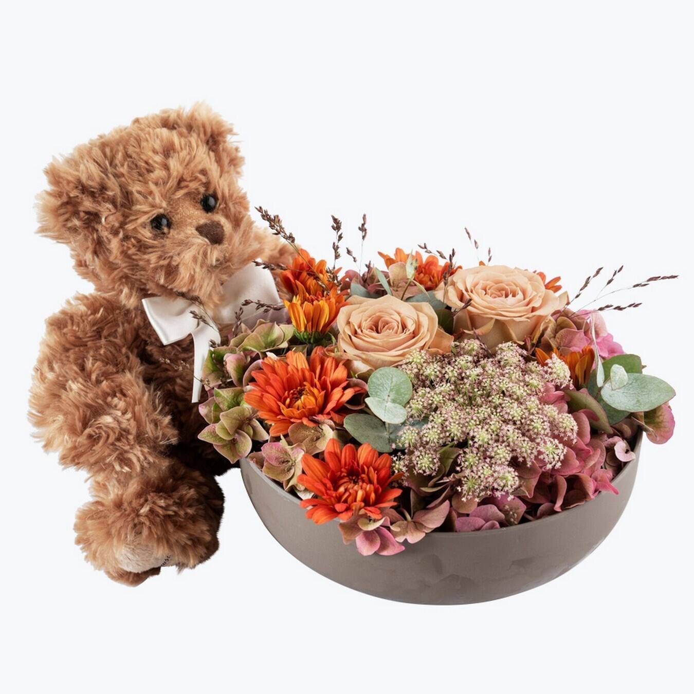 Blume, Blumen-Arrangement, Blumenstrauß, Teddybär, Rose, Blume, Blumen-Arrangement, Blumenstrauß, Teddybär, Rose, teddybär, Blumenstrauß, Bouquet, brauner Plüsch, zutose?, teddy bear, Blumenstrauß, Rosen, Orangene Blüten, graue Schale
