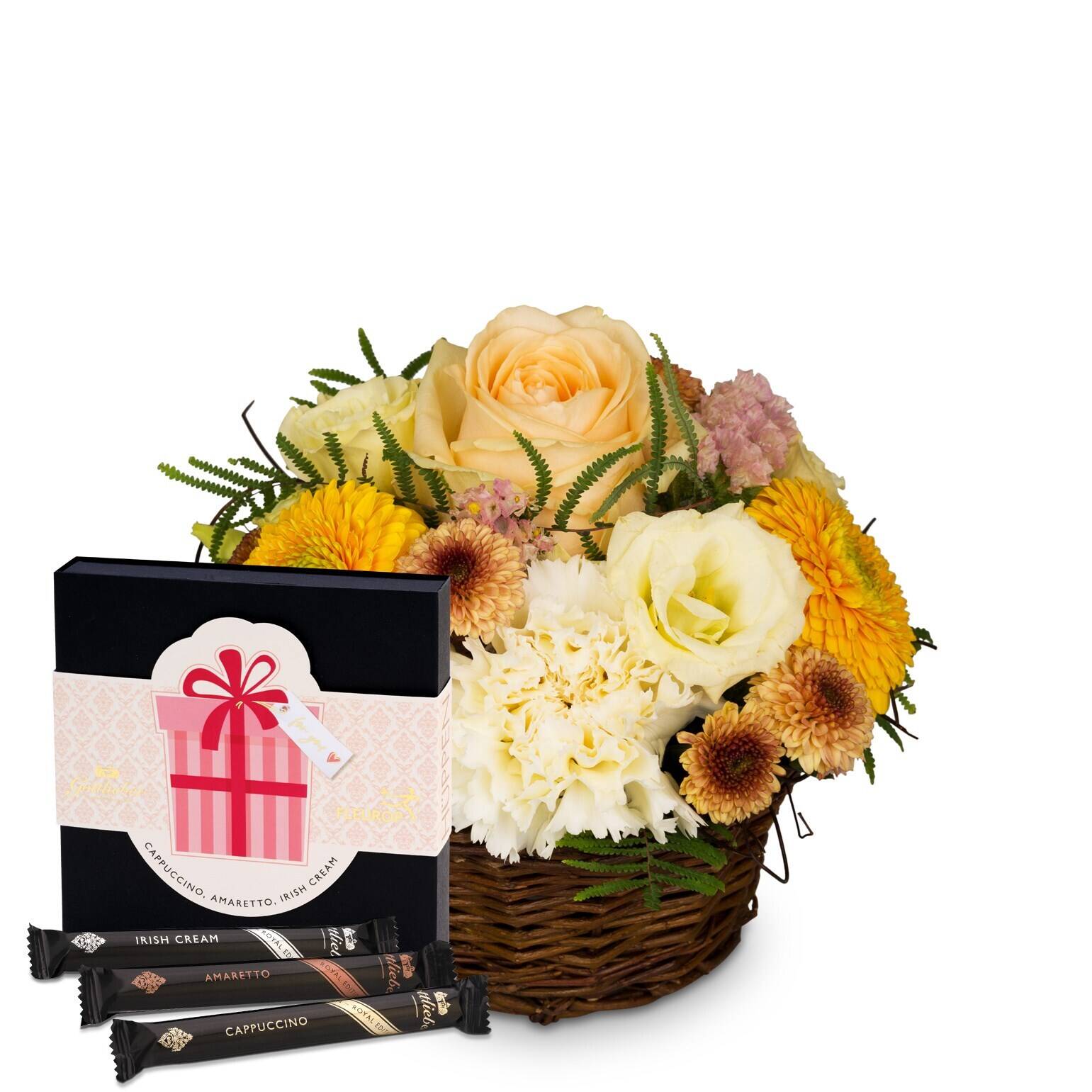 blumenstrauß, pfirsichrote rose, bunte blumen, körbe, schokosticks, Blumenstrauß, gelbe Rosen, weiße Nelken, Korb, Geschenkbox