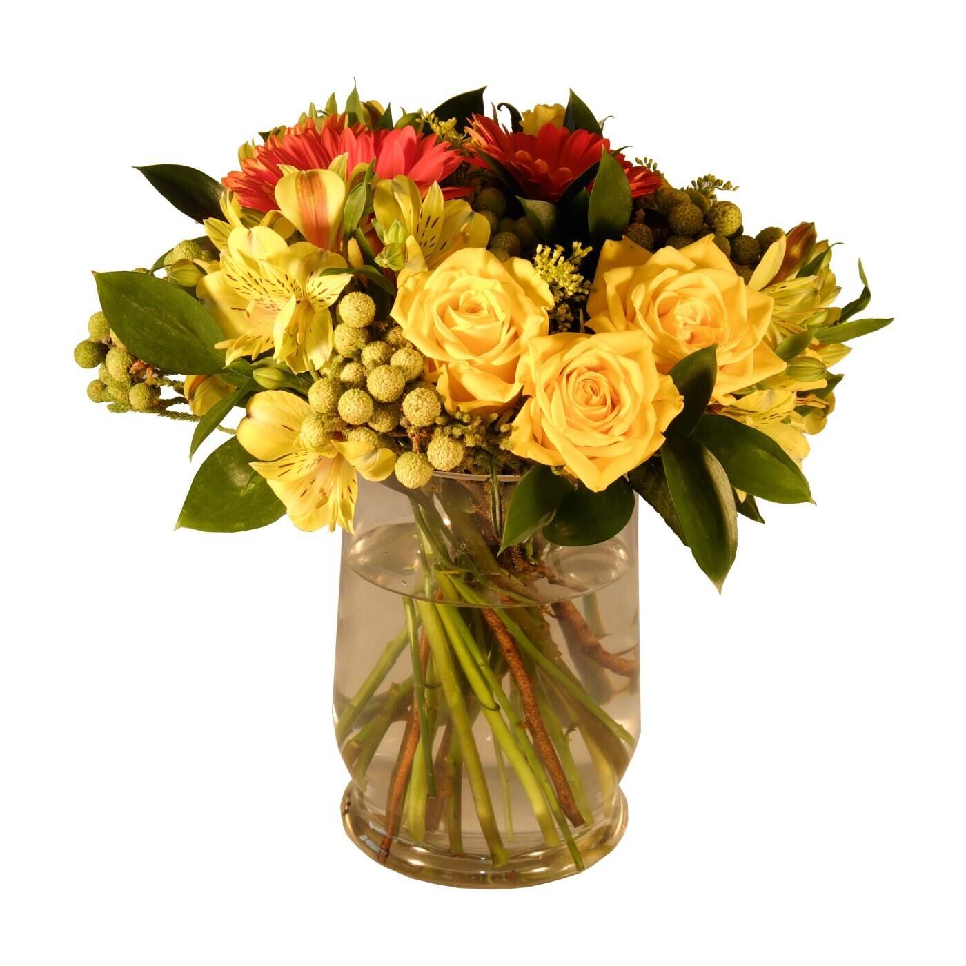 Blume, Blumen-Arrangement, Blumenstrauß, Rose, Florales Design, Blume, Blumen-Arrangement, Blumenstrauß, Rose, Florales Design, Blume, Blumen-Arrangement, Blumenstrauß, Rose, Florales Design, Blumenstrauß, gelbe Rosen, Gladiolen, Grünpflanzen, Glasvase