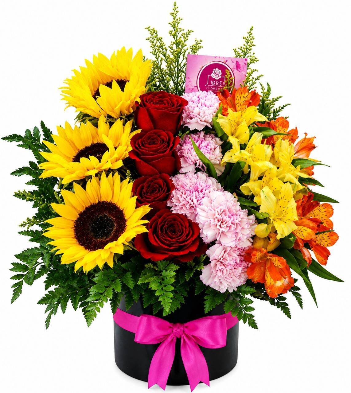 Blumenstrauß, Sonnenblumen, Rosen, Pinke Nelken, Gemischte Blumen, sonnenblumen, rote rosen, pinke carnations, orange lilien, blumenstrauß
