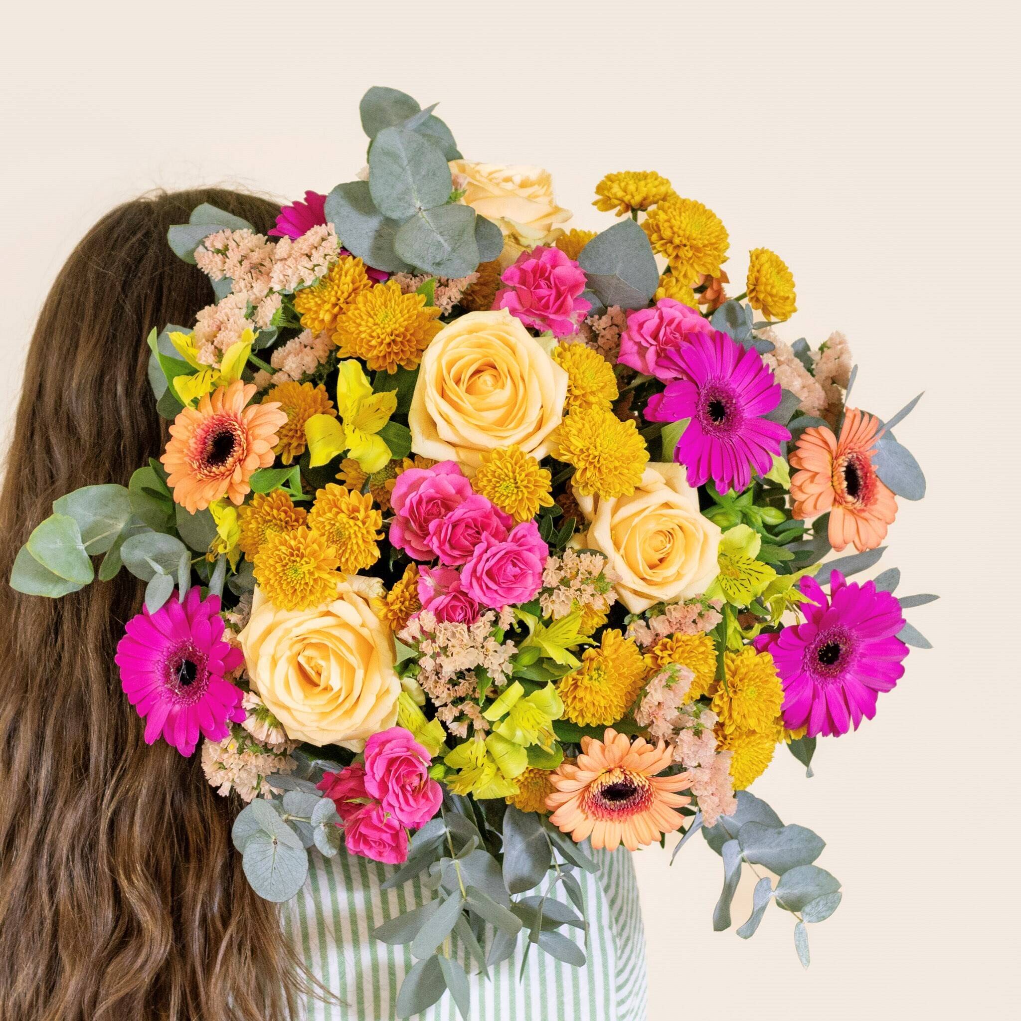 flower bouquet, sunflower?, colorful flowers, roses, gerbera daisy