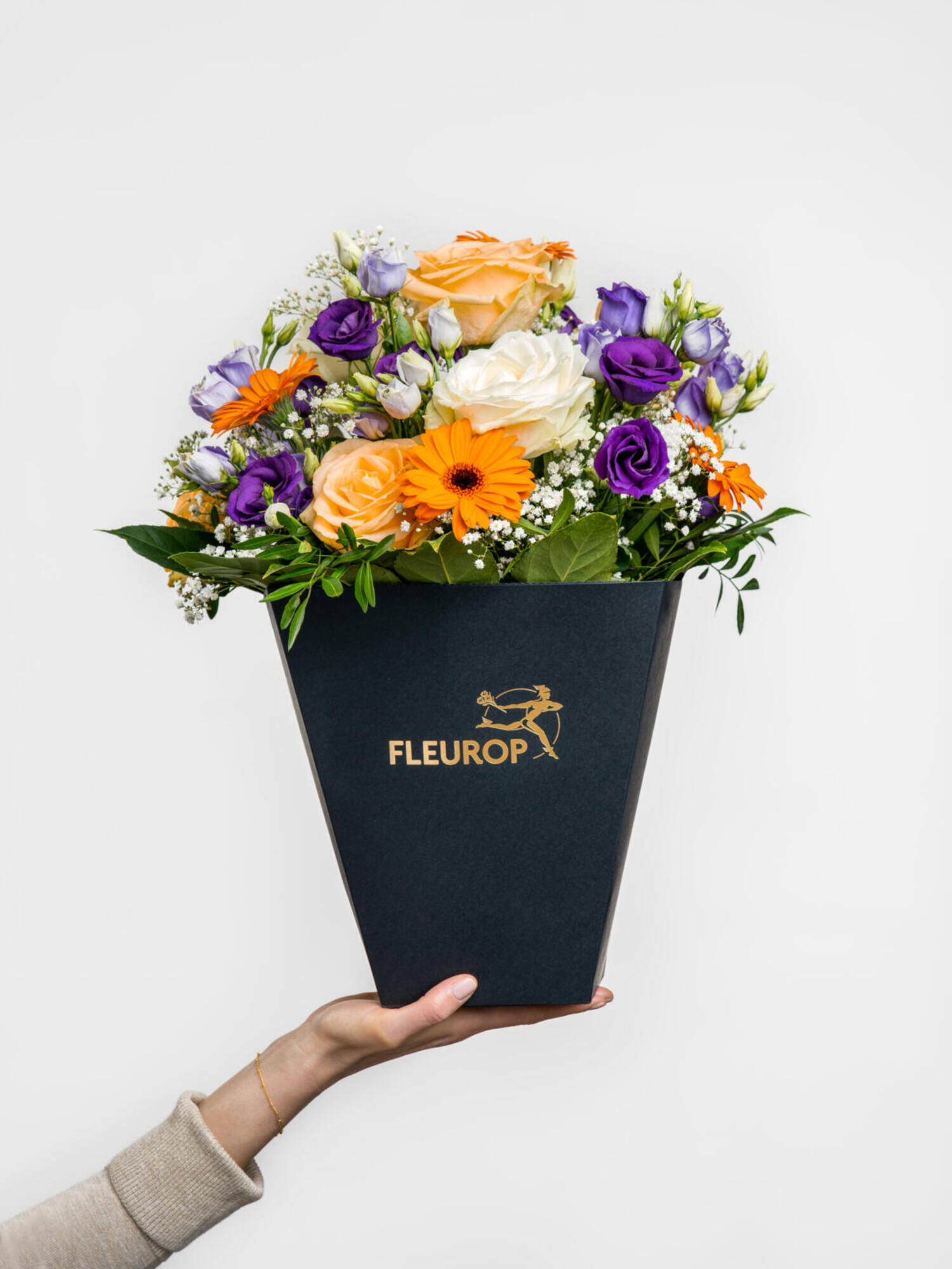 Farbenfroher Gruß - Hauptblüte: Eustoma, Germini, Rosen - Hauptfarbe: Apricot, Orange, Violett, Weiß