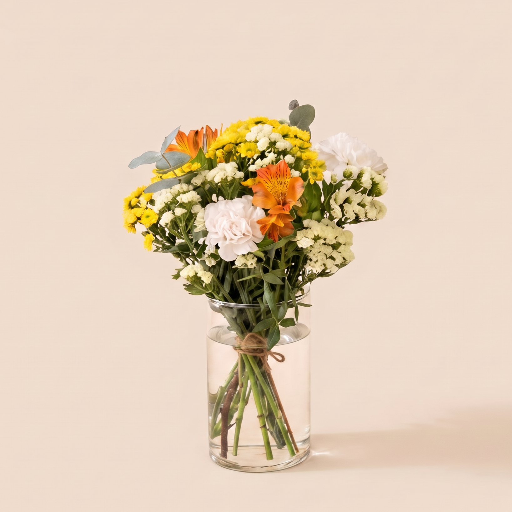 Blumenstrauß, gelbe Blumen, orange Lilien, weiße Nelken, Glasvase, Blumenstrauß, gelbe weiße Blumen, Glasvase, Stämme gebunden, frisch geschnitten, blumenstrauß, blumen, vasenstrauß, anordnung, buntblumen
