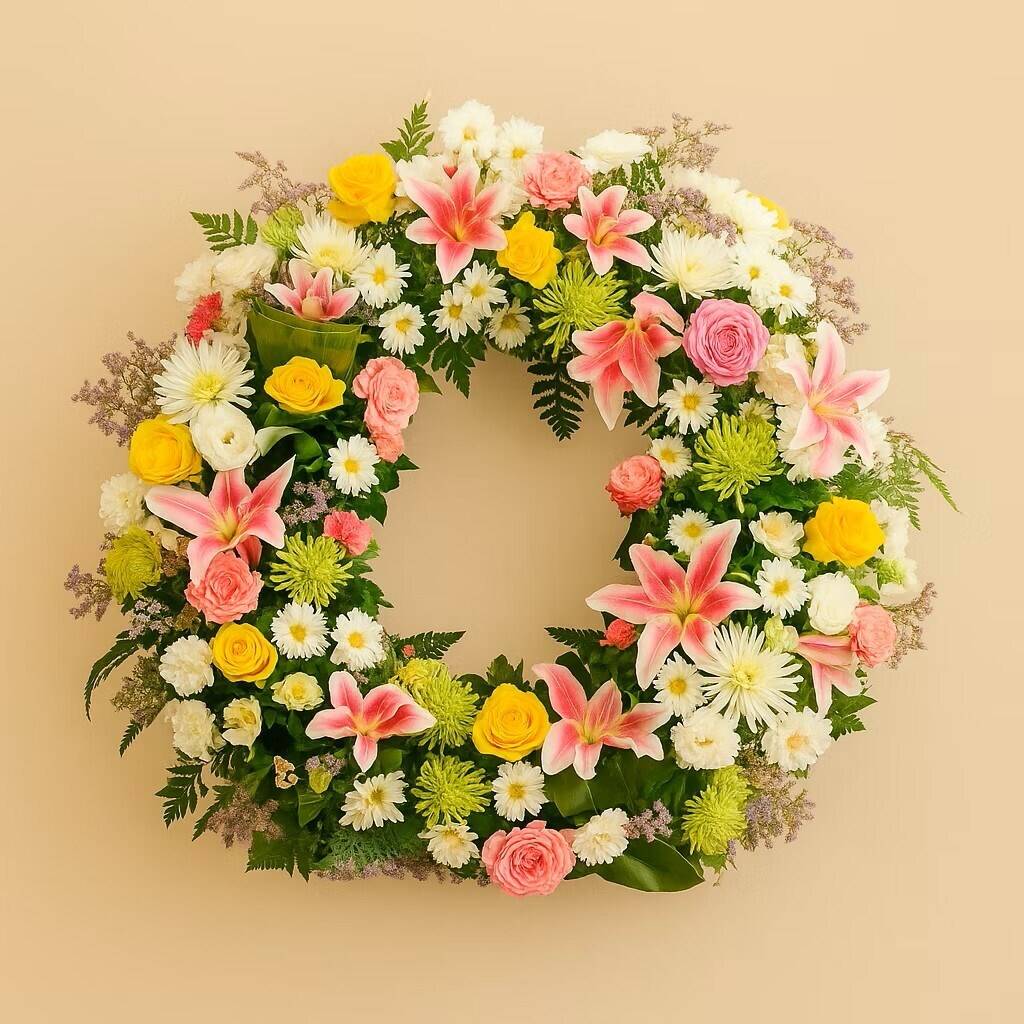 Blumenkranz, Blumenarrangement, Lilien, Rosen, bunte Blumen, Blumenkranz, Blütenanordnung,  pinke Lilien, gelbe Rosen, bunte Blumen, Blumenkranz, Blumenanordnung, Pfingstrosen, Lilien, bunter Strauß