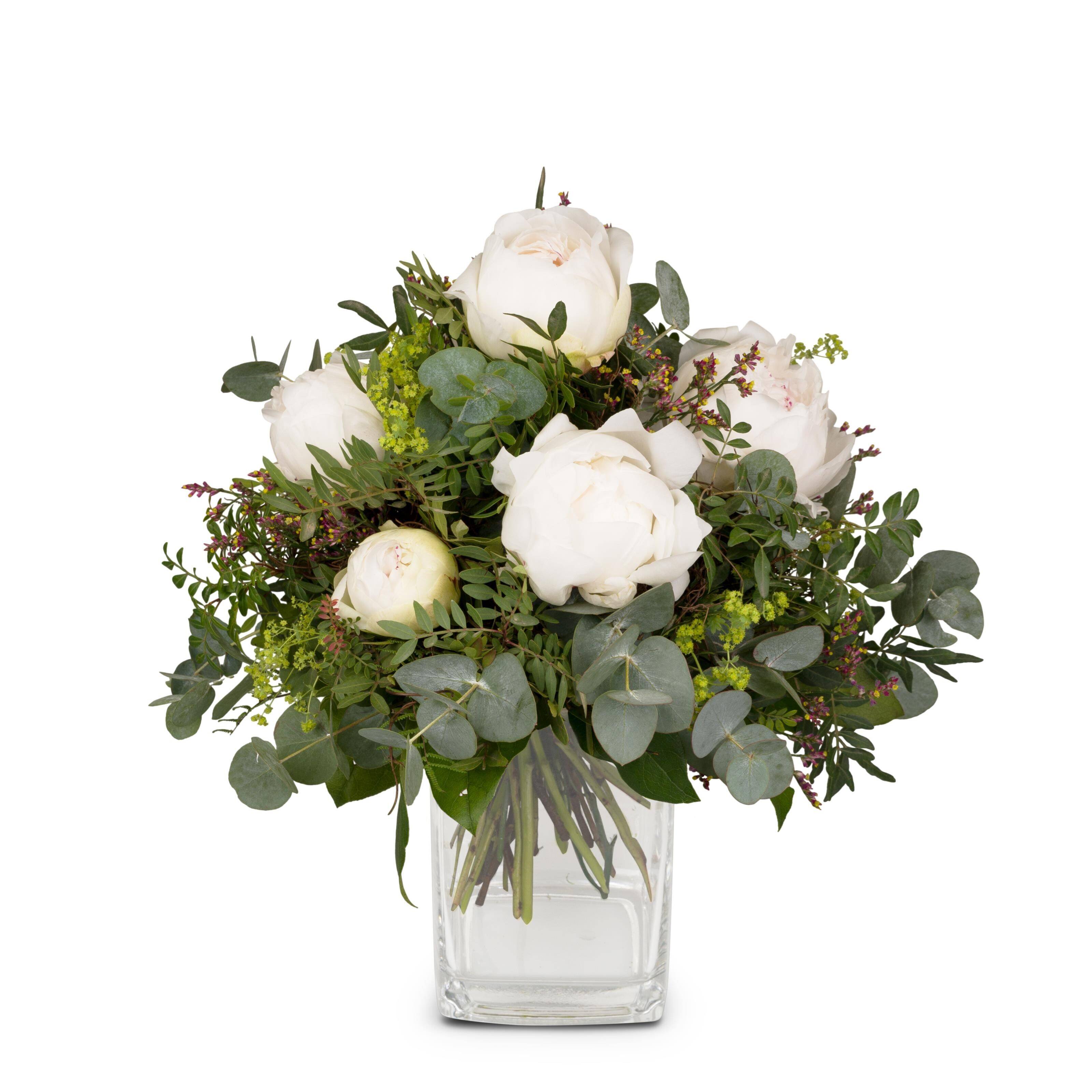 blumen, blumenstrauß, weiße rosen, glasvase, grünpflanzen