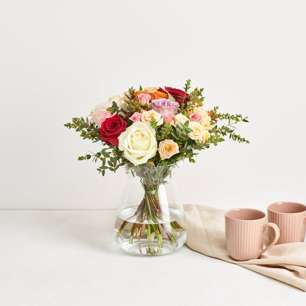 bouquet, floral arrangement, roses, glass vase, multicolor, flowers, bouquet, roses, glasses vase, pink mugs, flower bouquet, roses, glass vase, fresh flowers, pink mugs