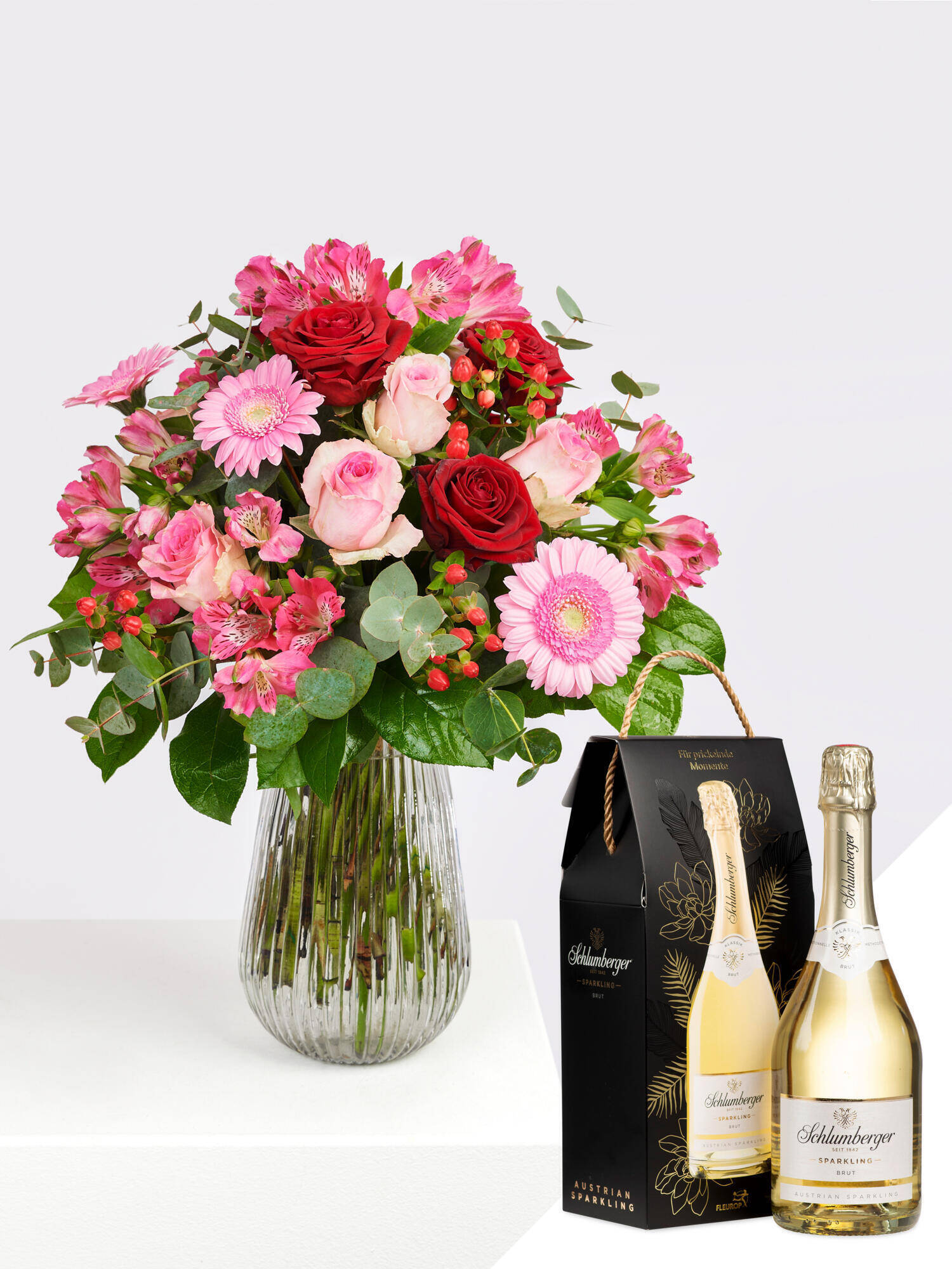 Kindest Greetings with Schlumberger Sparkling Brut - Main Colors: PINK, RED, ROSE - Main Flowers: ALSTROEMERIA, GERBERA, ROSES