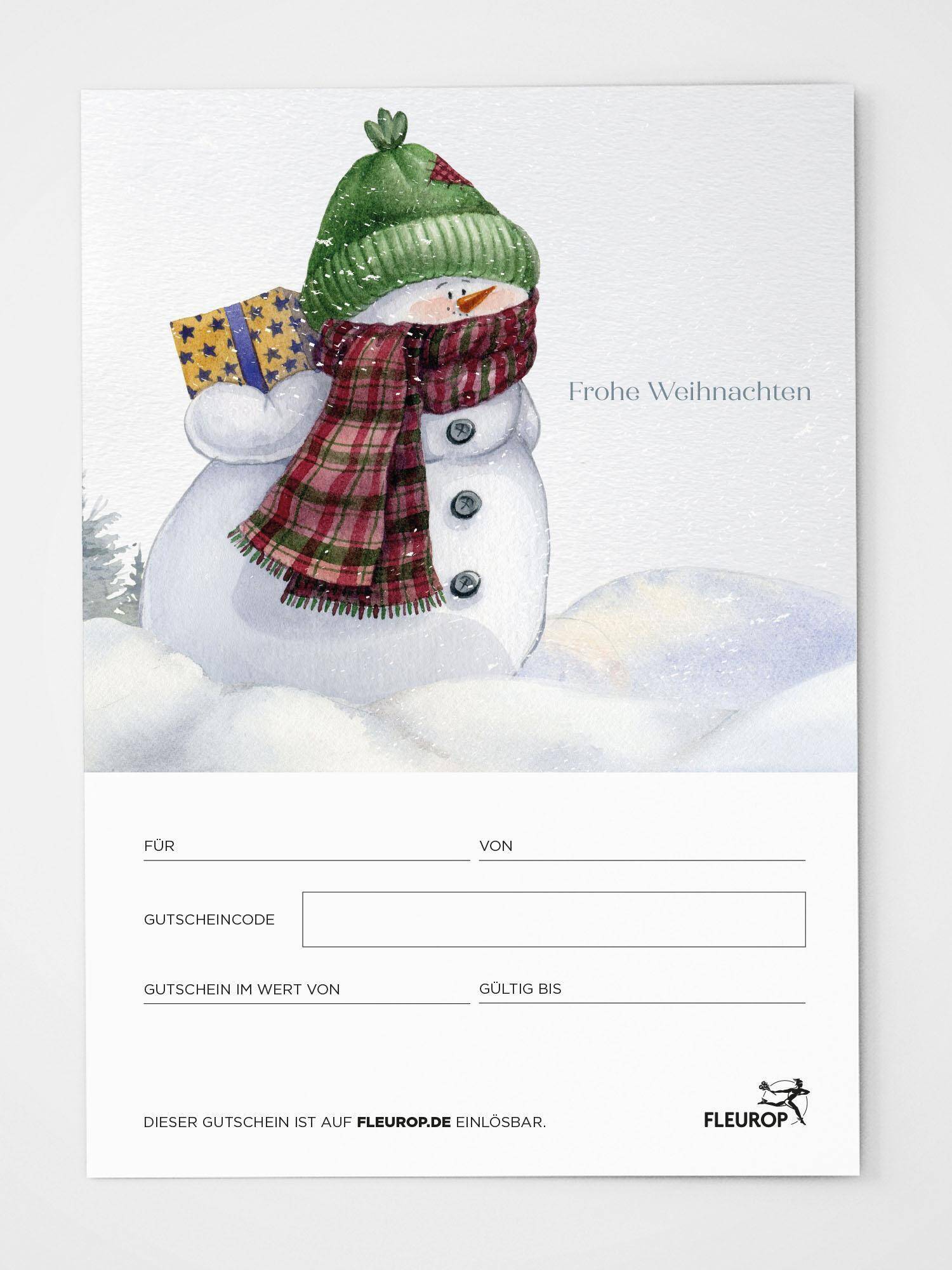 Schneemann, Schal, grüne Mütze,  Geschenk, Winterkarte