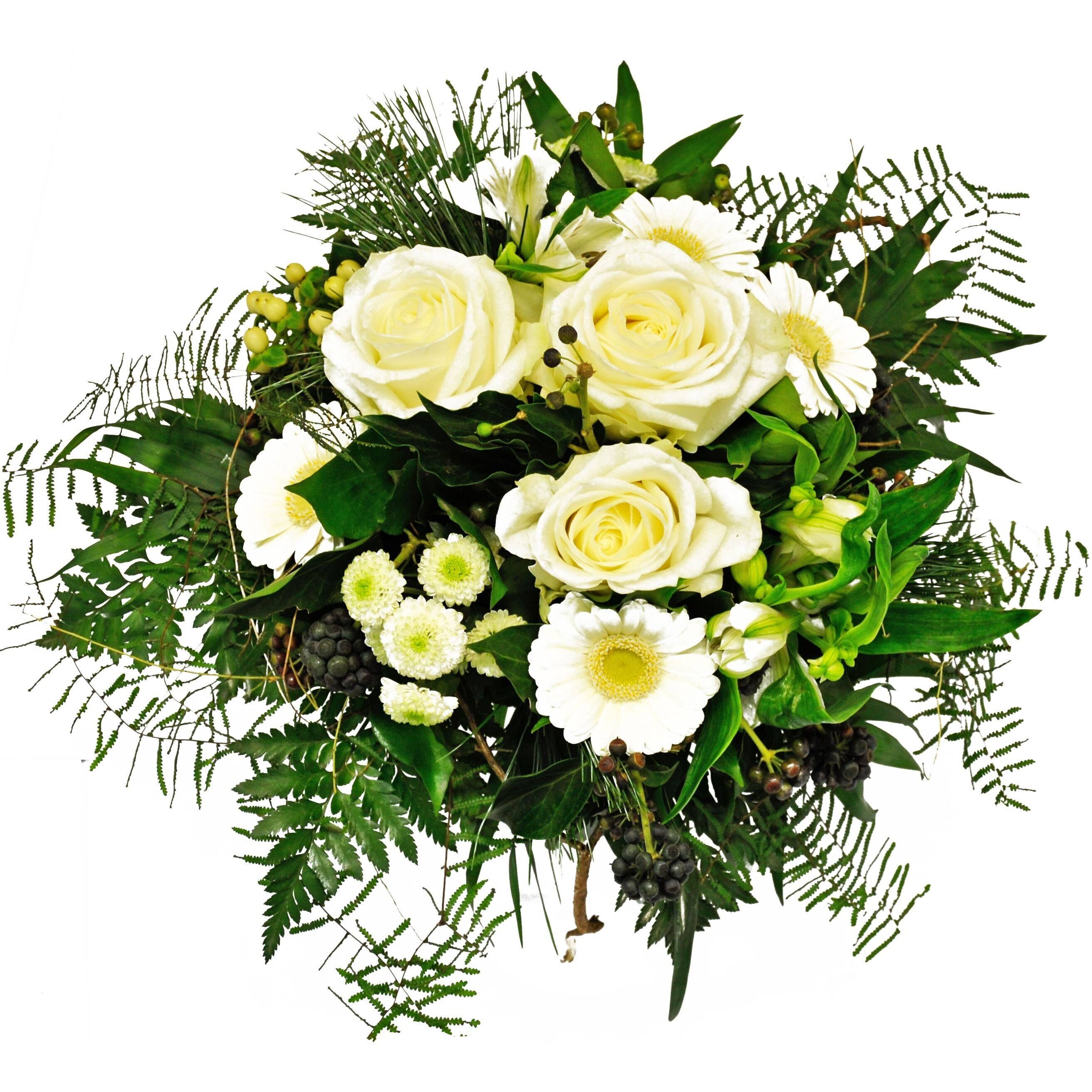 Blume, Blumen-Arrangement, Blumenstrauß, Rose, Florales Design, Blume, Blumen-Arrangement, Blumenstrauß, Rose, Florales Design, Blume, Blumen-Arrangement, Blumenstrauß, Rose, Florales Design, Blumen, Bouquet, weiße Rosen, Grünpflanzen, Farn