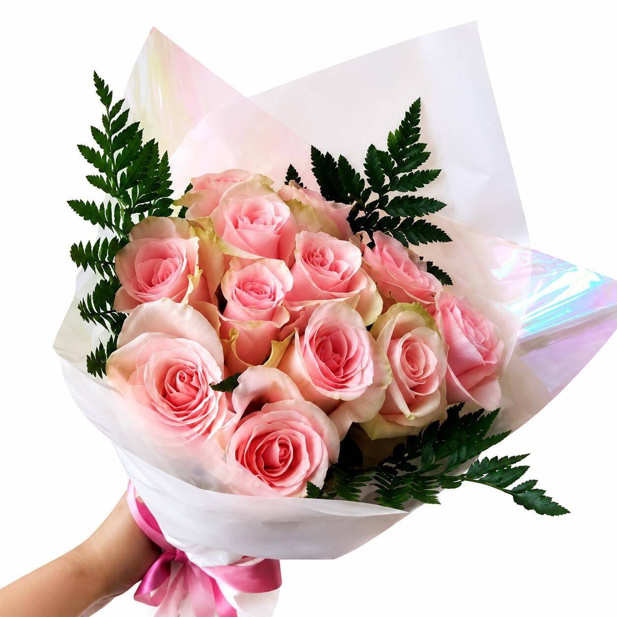 rosa pinke, Blumenstrauß Rosen, Rosenbouquet, Blättergrün, Geschenkverpackung, sträuß, rosa rose, rosenbote, fern, dekorierte hülle