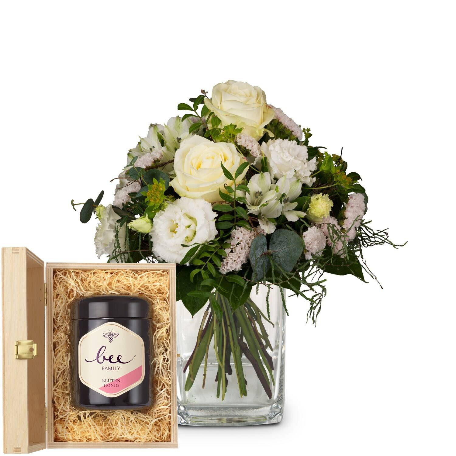 Blumenstrauß, Cremige Rosen, Weiße Blumen, Glasgefäß, Geschenkbox, blumen, blumenstrauß, weiße rosen, grünes pflanzen, geschenkbox honig