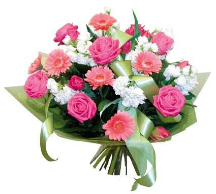 Blumenstrauß, pinkfarbene Rosen, bunte Blumen, grünes Band, Blumenarrangement
