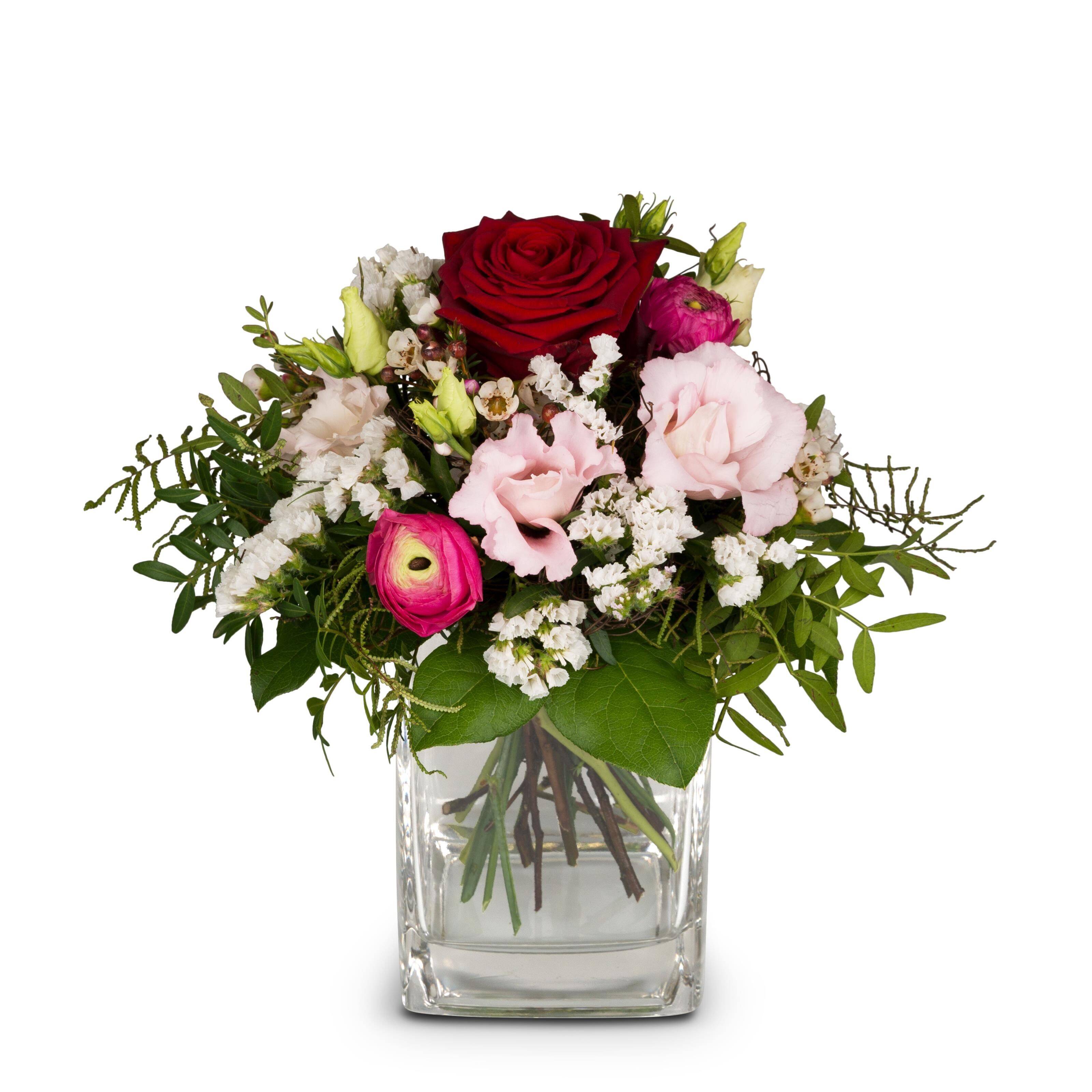 Blumenarrangement, Bouquet, Gläserne Vase, rote Rose, Pfingstrose pink